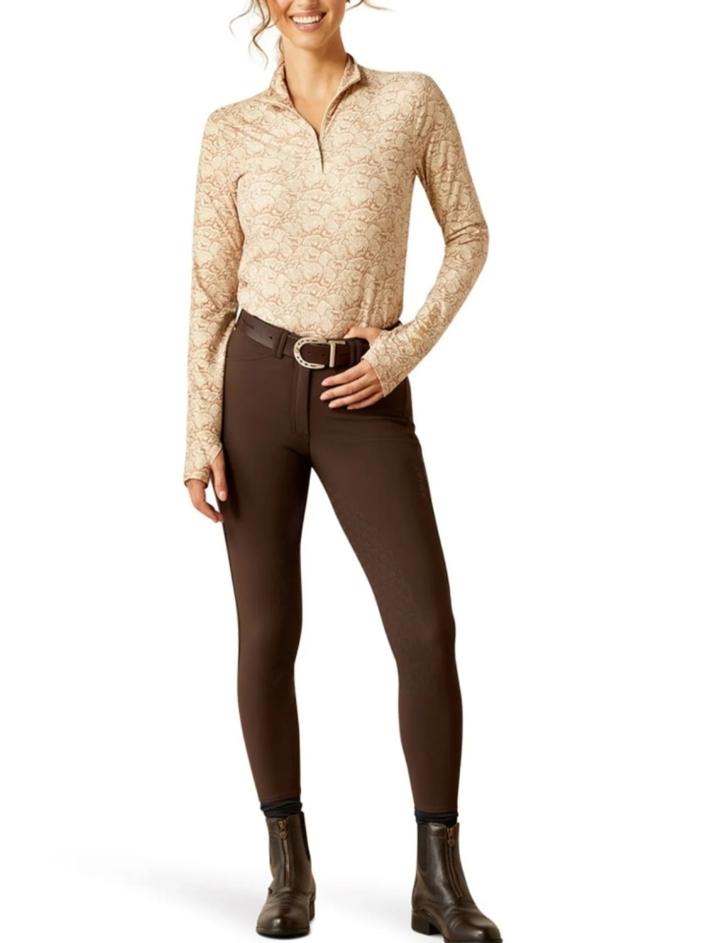 Ariat Tek Lowell 3.0 Quarter-Zip Base Layer Longsleeve Top Beige Cream Horses